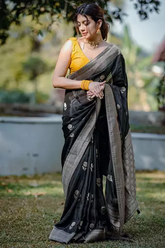 black silk blend banarasi jacuard work festive saree with unstitched blouse piece