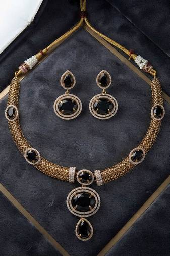 Bold midnight black color american diamond with turkish stone necklace set for parties
