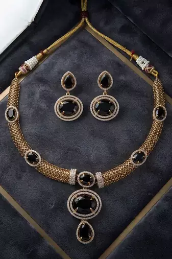 Bold midnight black color american diamond with turkish stone necklace set for parties