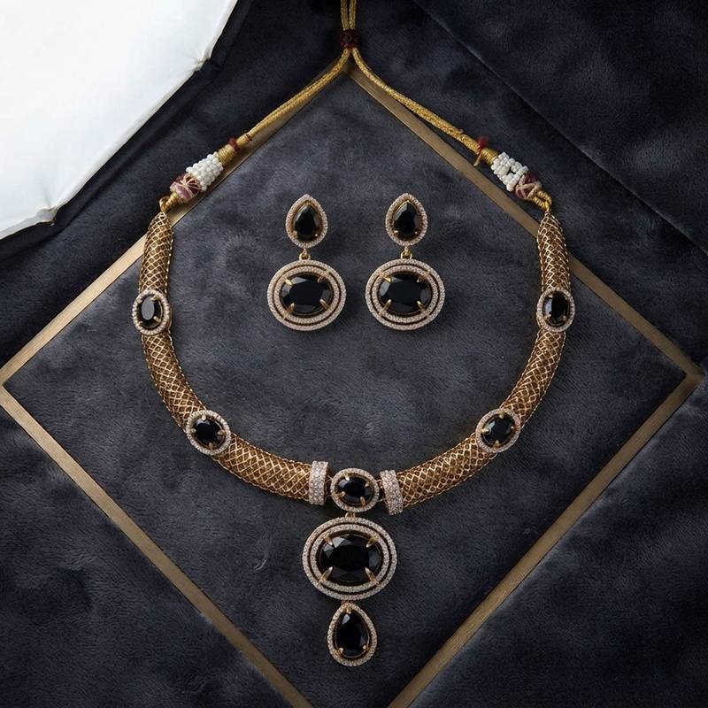 Bold midnight black color american diamond with turkish stone necklace set for parties