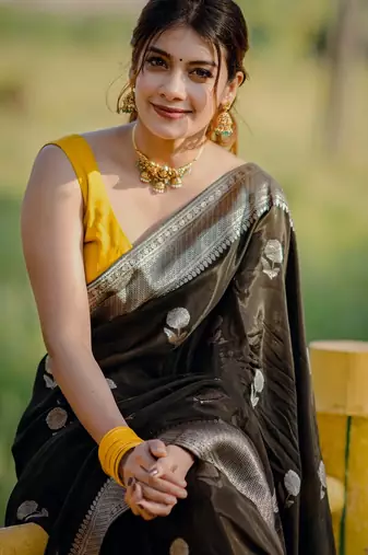 black silk blend banarasi jacuard work festive saree with unstitched blouse piece