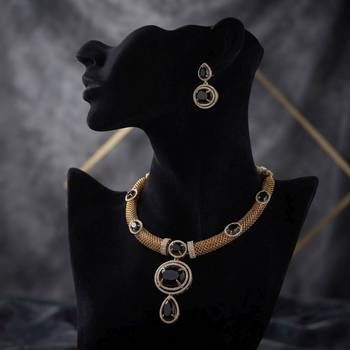 Bold midnight black color american diamond with turkish stone necklace set for parties 2