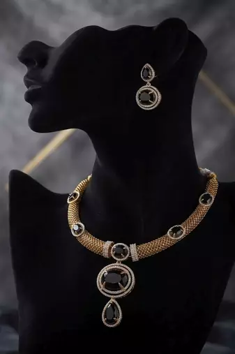 Bold midnight black color american diamond with turkish stone necklace set for parties