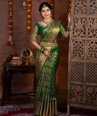 green  silk blend banarasi jacuard work festive saree with unstitched blouse piece 1