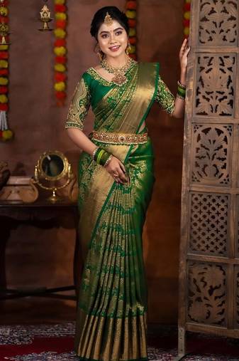green  silk blend banarasi jacuard work festive saree with unstitched blouse piece