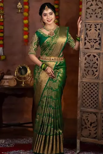 green  silk blend banarasi jacuard work festive saree with unstitched blouse piece