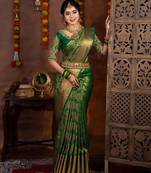 green  silk blend banarasi jacuard work festive saree with unstitched blouse piece