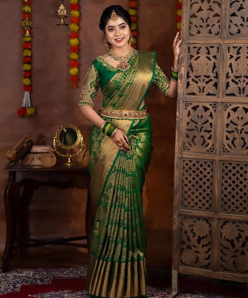 green  silk blend banarasi jacuard work festive saree with unstitched blouse piece