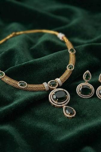 Stunning royal green color american diamond with turkish stone necklace set for bride