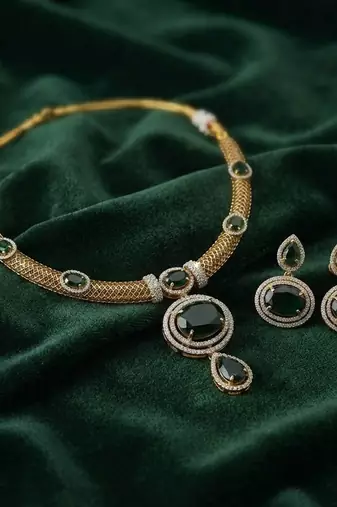 Stunning royal green color american diamond with turkish stone necklace set for bride
