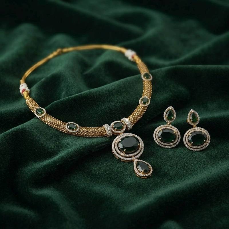 Stunning royal green color american diamond with turkish stone necklace set for bride