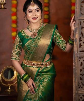 green  silk blend banarasi jacuard work festive saree with unstitched blouse piece 2