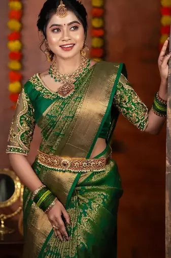 green  silk blend banarasi jacuard work festive saree with unstitched blouse piece