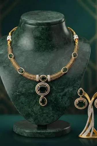 Stunning royal green color american diamond with turkish stone necklace set for bride