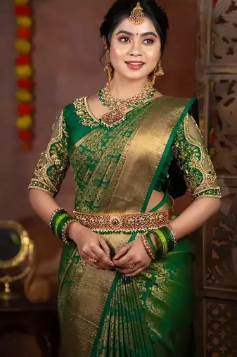 green  silk blend banarasi jacuard work festive saree with unstitched blouse piece