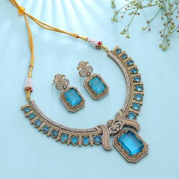 Captivating teal blue color american diamond with turkish stone necklace set for women 1