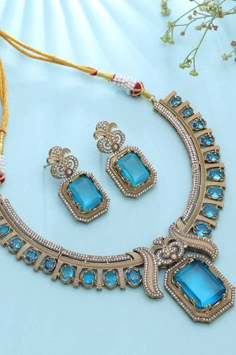 Captivating teal blue color american diamond with turkish stone necklace set for women
