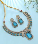 Captivating teal blue color american diamond with turkish stone necklace set for women