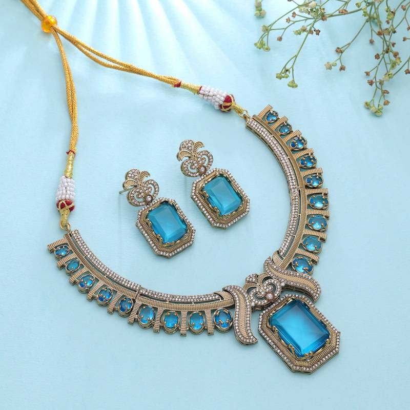 Captivating teal blue color american diamond with turkish stone necklace set for women