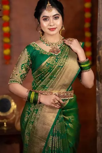 green  silk blend banarasi jacuard work festive saree with unstitched blouse piece