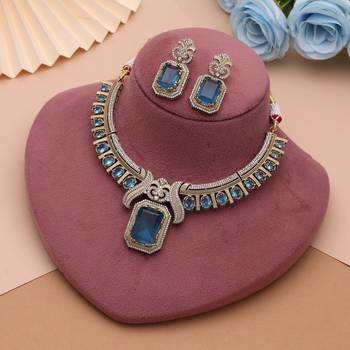 Captivating teal blue color american diamond with turkish stone necklace set for women 2