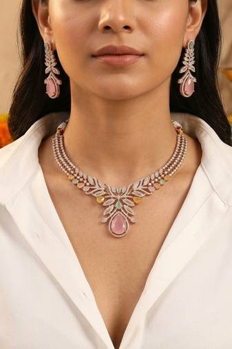 Artistic rainbow multi color american diamond with turkish stone necklace set for functions