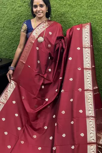 maroon silk blend banarasi jacuard work festive saree with unstitched blouse piece