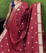 maroon silk blend banarasi jacuard work festive saree with unstitched blouse piece