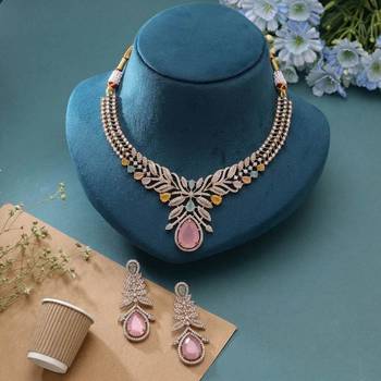 Artistic rainbow multi color american diamond with turkish stone necklace set for functions 2