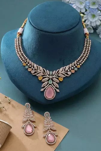 Artistic rainbow multi color american diamond with turkish stone necklace set for functions