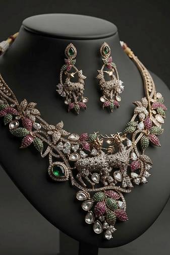 Ornate intricate multi color american diamond polki turkish necklace set for grand events