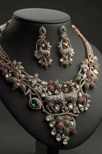 Ornate intricate multi color american diamond polki turkish necklace set for grand events