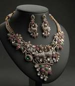 Ornate intricate multi color american diamond polki turkish necklace set for grand events