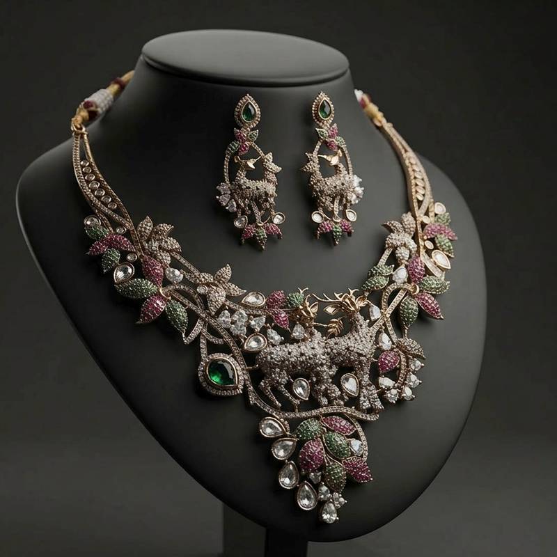 Ornate intricate multi color american diamond polki turkish necklace set for grand events