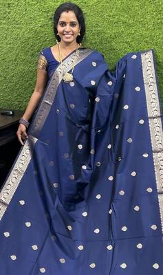 navy blue silk blend banarasi jacuard work festive saree with unstitched blouse piece 1