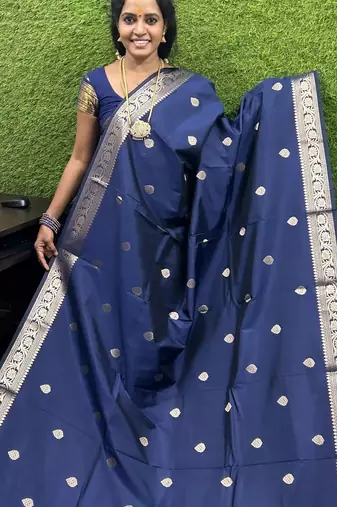navy blue silk blend banarasi jacuard work festive saree with unstitched blouse piece