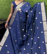 navy blue silk blend banarasi jacuard work festive saree with unstitched blouse piece