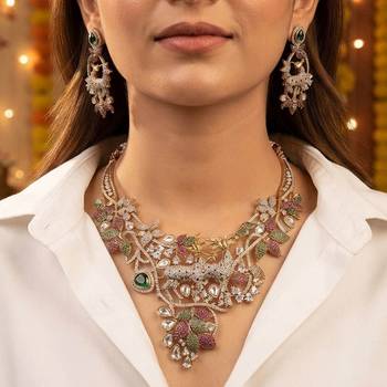 Ornate intricate multi color american diamond polki turkish necklace set for grand events 2
