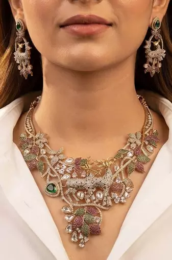 Ornate intricate multi color american diamond polki turkish necklace set for grand events