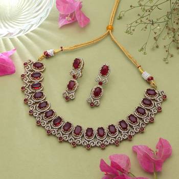 Traditional vibrant red color american diamond navratna necklace set for festive rituals 1