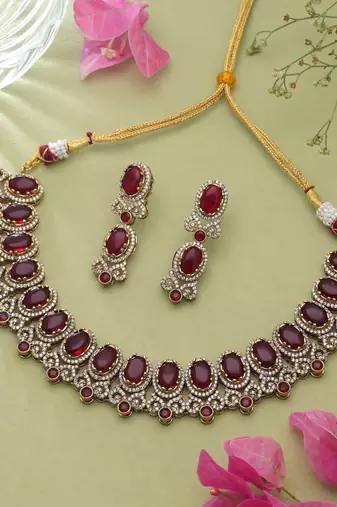 Traditional vibrant red color american diamond navratna necklace set for festive rituals
