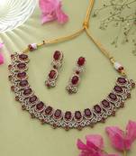 Traditional vibrant red color american diamond navratna necklace set for festive rituals