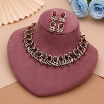 Traditional vibrant red color american diamond navratna necklace set for festive rituals 2
