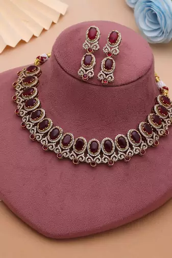 Traditional vibrant red color american diamond navratna necklace set for festive rituals