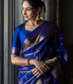 royal blue silk blend banarasi jacuard work festive saree with unstitched blouse piece