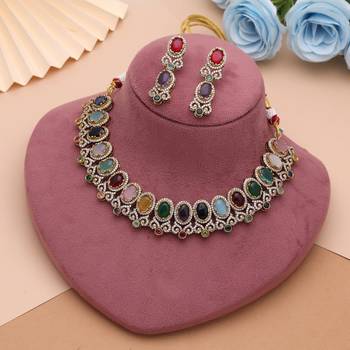 Opulent festive multi color american diamond navratna necklace set for cultural gatherings 1