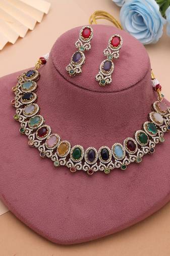 Opulent festive multi color american diamond navratna necklace set for cultural gatherings