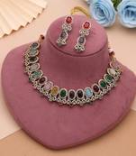 Opulent festive multi color american diamond navratna necklace set for cultural gatherings