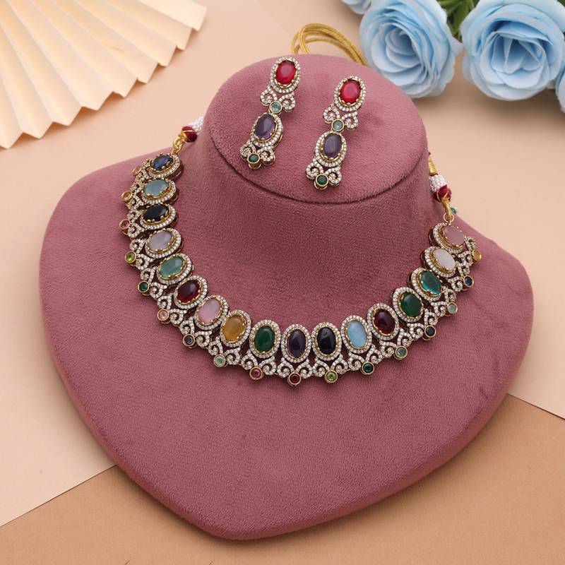 Opulent festive multi color american diamond navratna necklace set for cultural gatherings