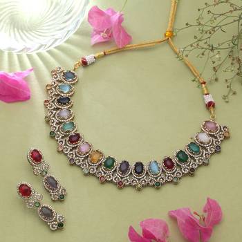 Opulent festive multi color american diamond navratna necklace set for cultural gatherings 2